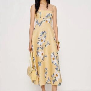 Reformation Monette Linen Dress Yellow Floral Dress